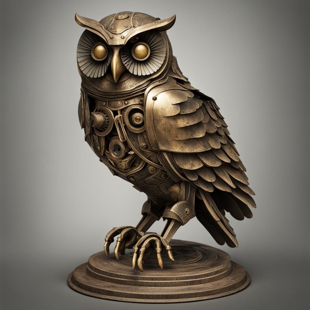 A mechanical owl. Made of brass-and-iron. Has a clumsy look. Resembles the  mechanical owl from the movie clash of the titans. The owl is - AI  Generated Artwork - NightCafe Creator
