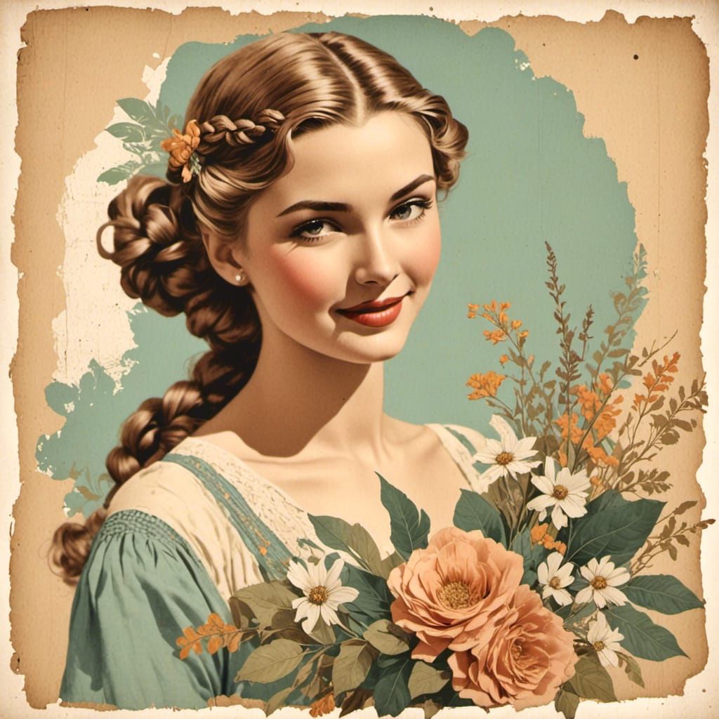 Graceful woman with braided hair, holding a bouquet.
