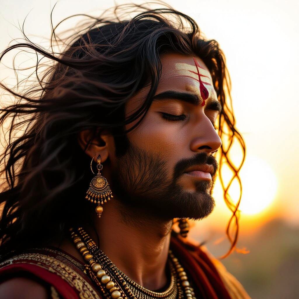 Low angle of Close-up of a warrior’s face with closed eyes, wind blowing his hair, soft sunrise light, symbolic expression of inner conflict...