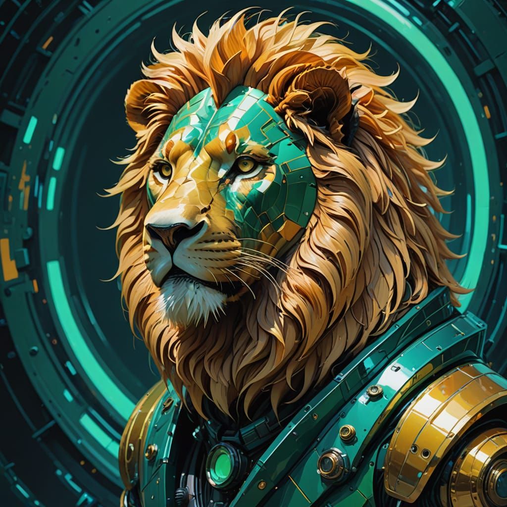 Sleek, Futuristic Lion in Golden Light