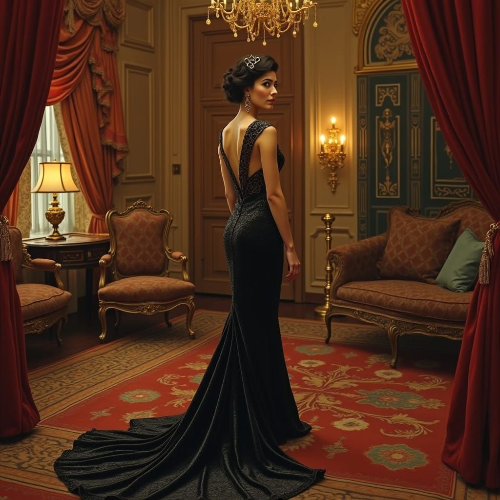 Luxurious Woman in Elegant Gown Amidst Golden Accents and La...