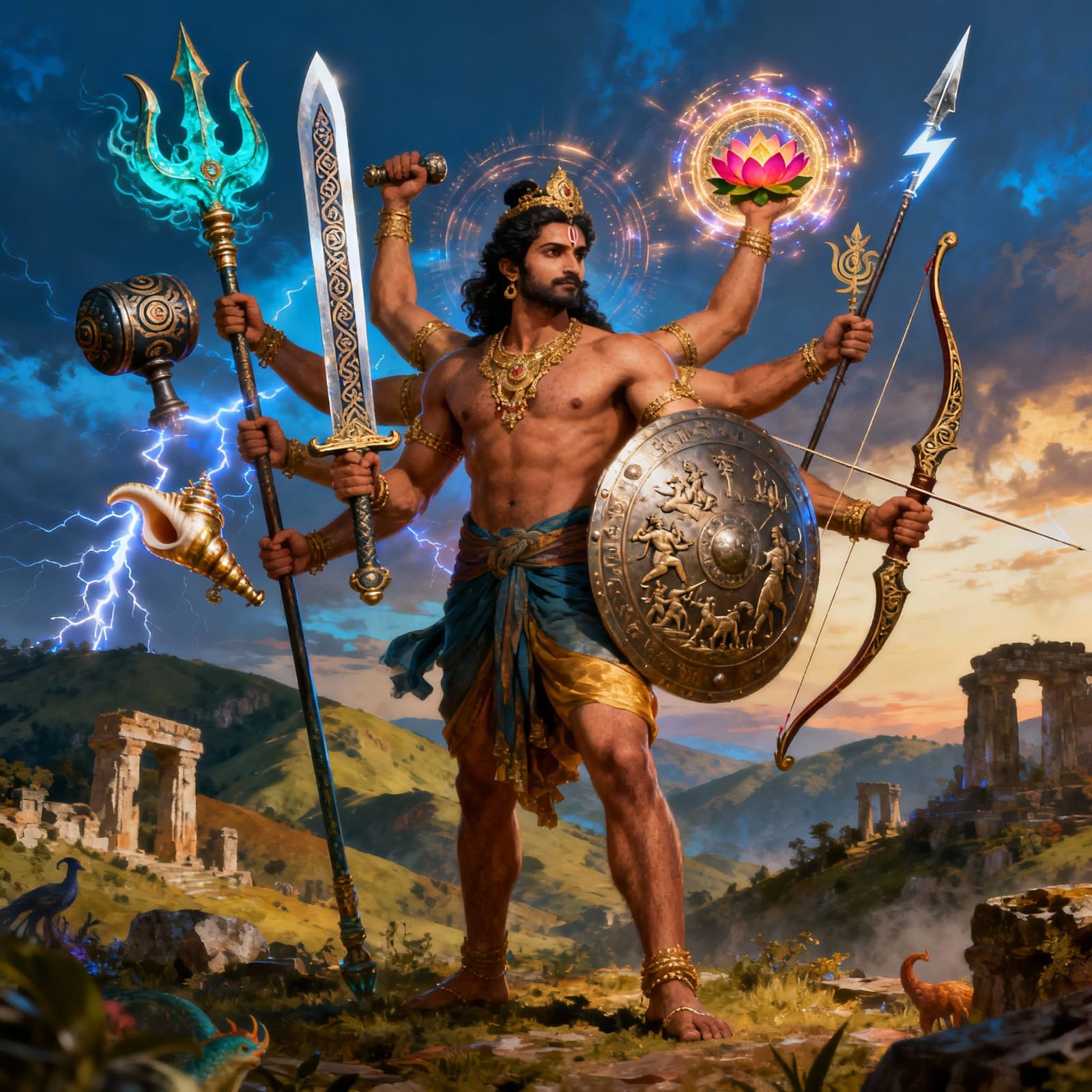 Ten-Handed Warrior with Divine Weapons in Mythic Landscape