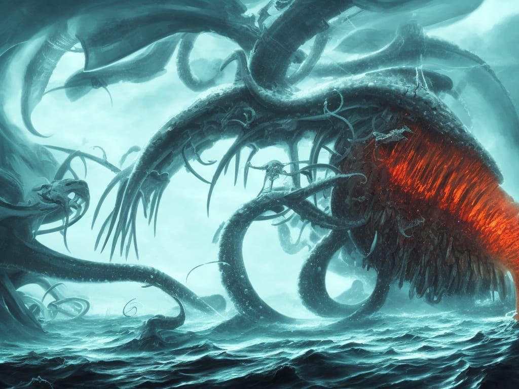 megaladon vs kraken detailed matte painting monochromatic warm colors ...