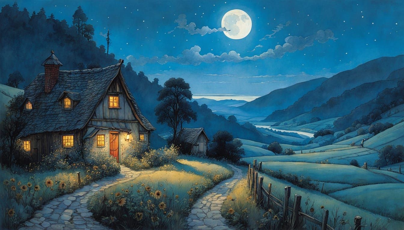 Night Over Wallachian Village as Watercolor Painting