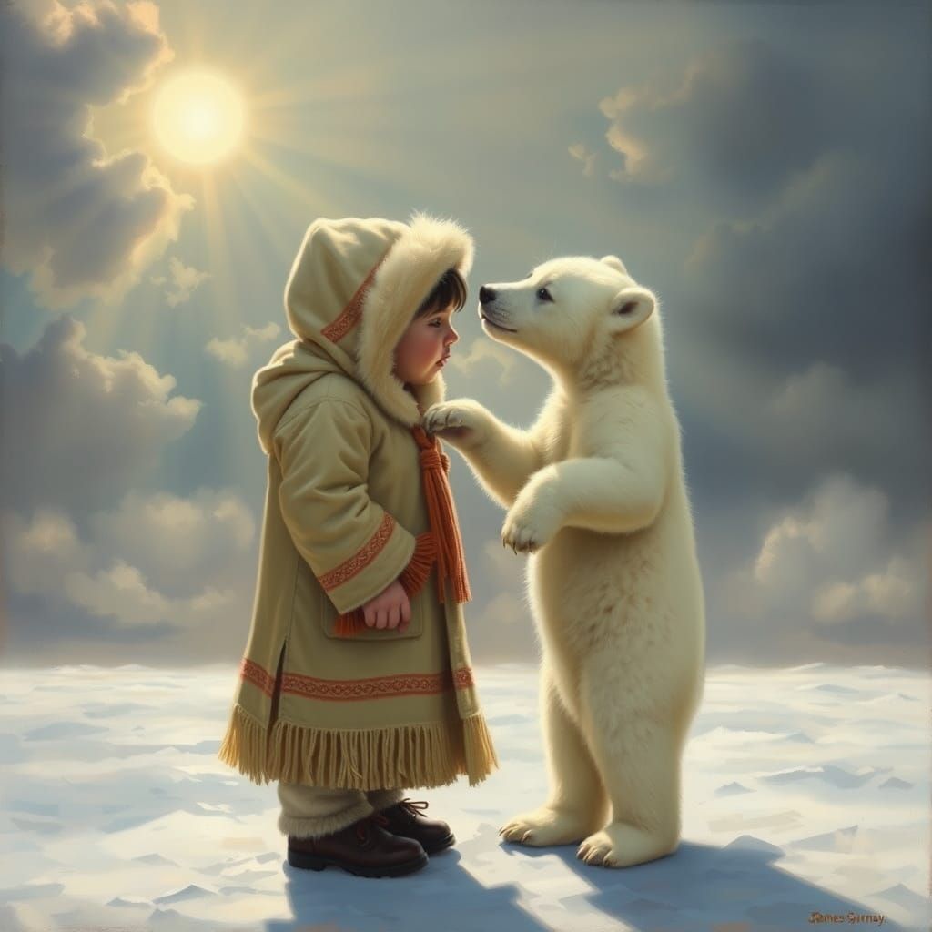 The eskimo child, wearing national dress, and a young polar bear cub, standing on its hind feet are nose- ...  by @Jerri
