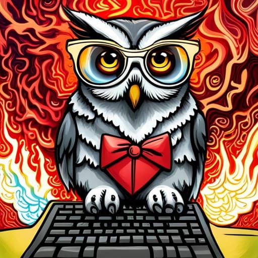 Owl with glasses at the computer
