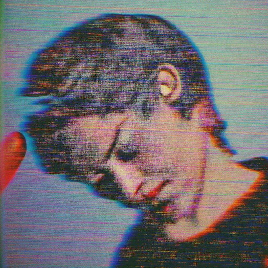 <lora:Glitched:1.0> Recursive head devouring its reflection amid glitch static