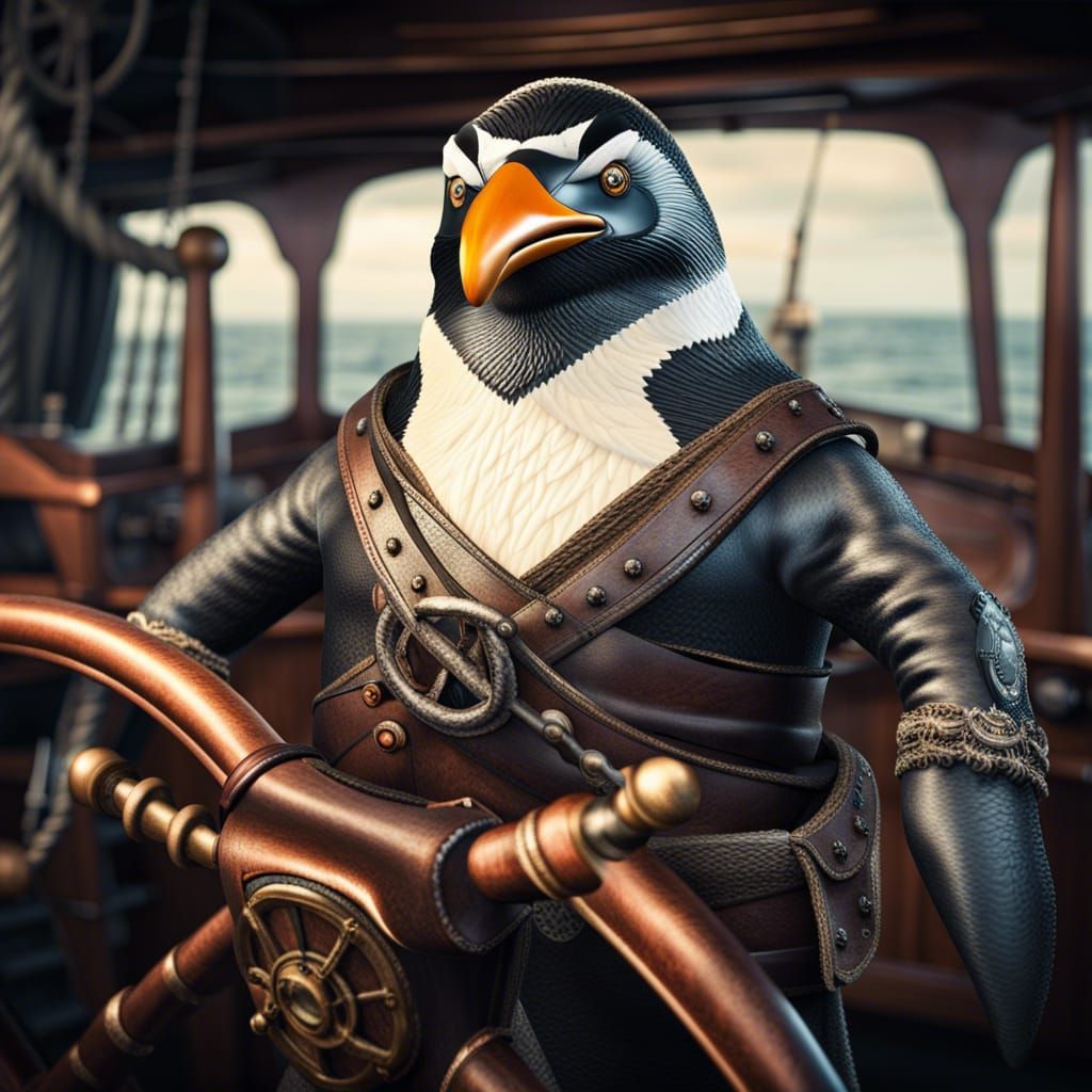 A big, strong, muscular penguin pirate at the helm of his sh...