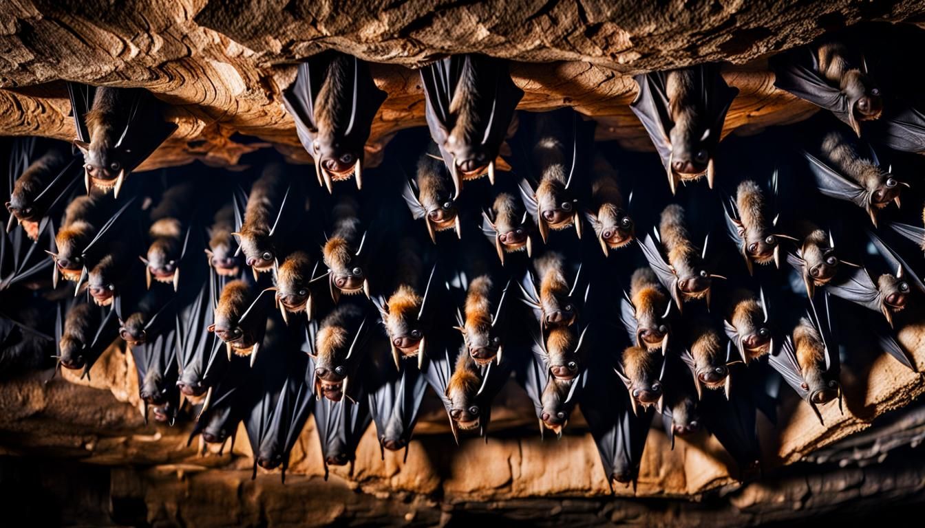 bats hanging upside down, cave, HDR, beautifully shot, hyperrealistic, sharp focus, 64 megapixels, perfect ...  by @Ed Evans