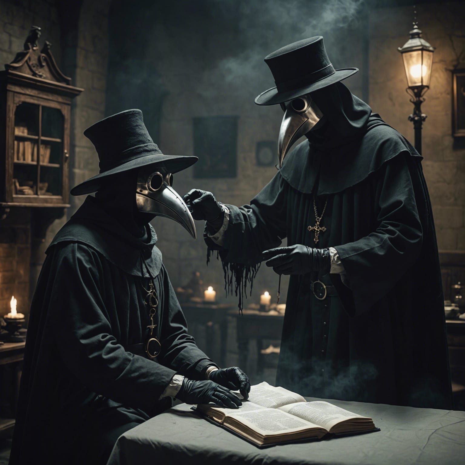 "Create a haunting portrayal of a plague doctor ministering ...