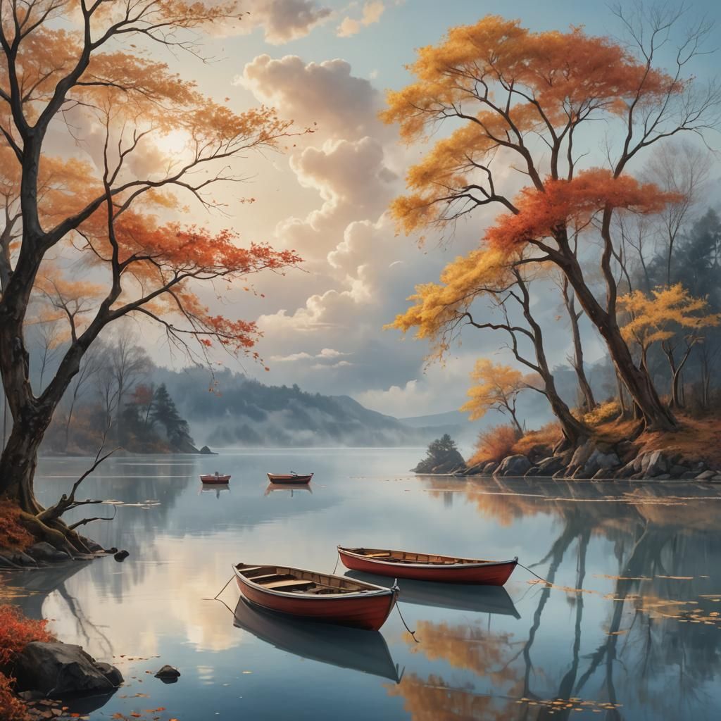 Create a hyperrealistic image of two small boats together side by side on the shore of a calm and serene lagoon surrounded by trees without...