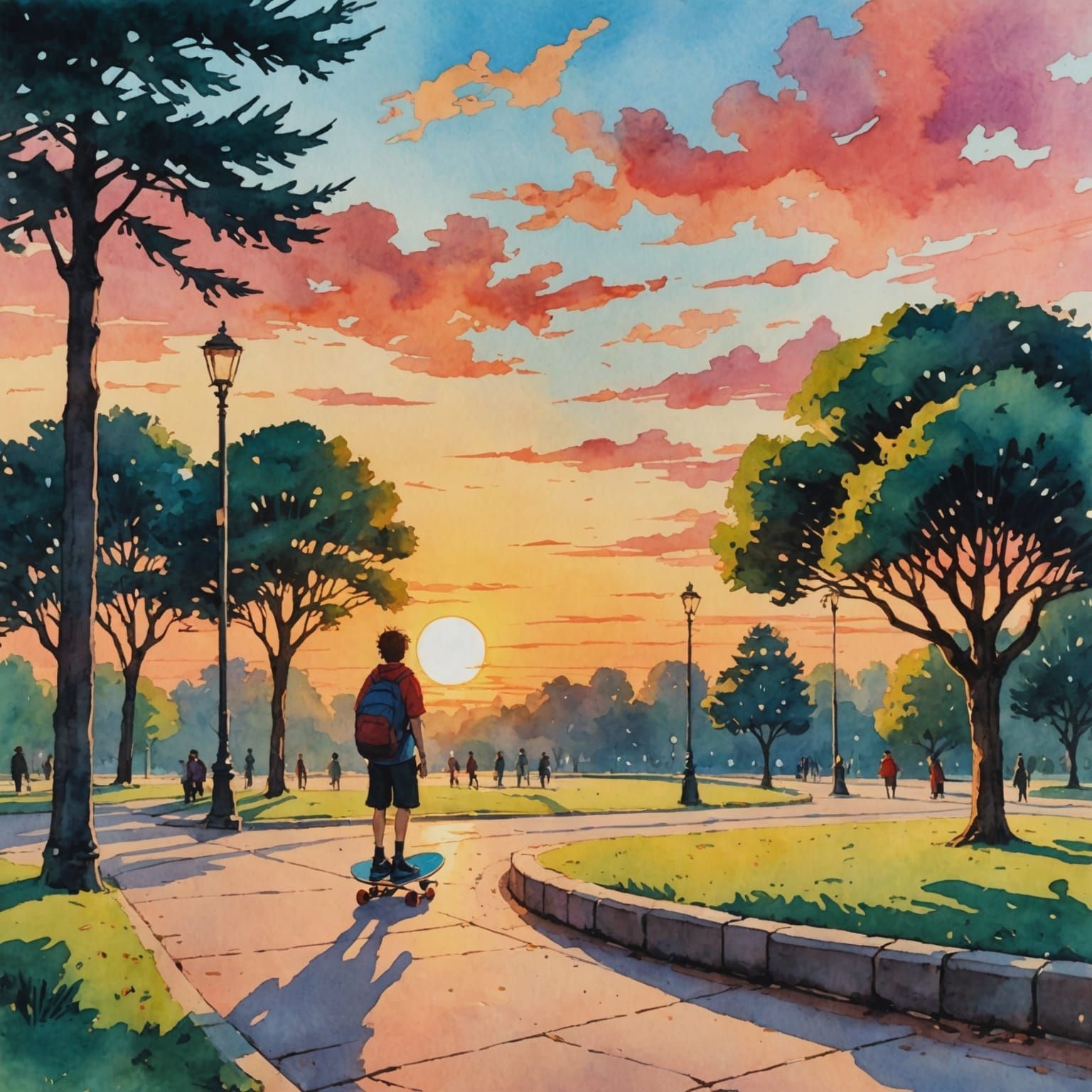 Watercolor art,  ghibli style,  anime, ghibli,  watercolor paint,  90s filter,  skateboard at sunset at the park