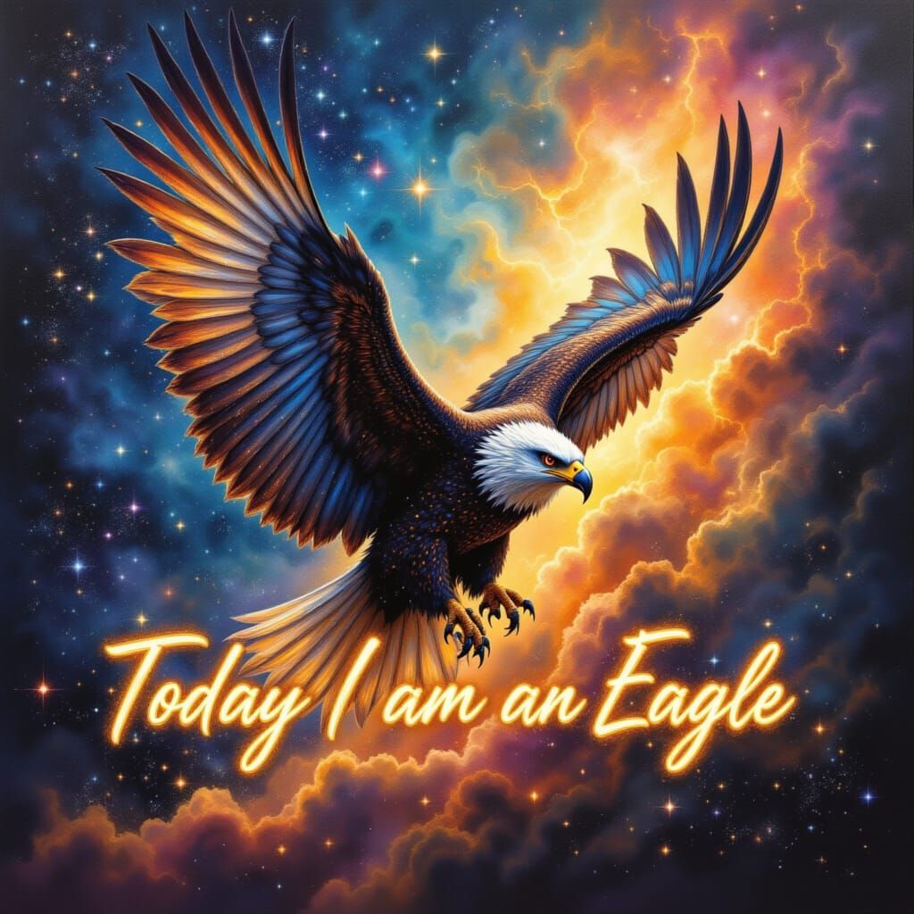 A majestic eagle, its feathers shimmering with iridescent, starlike patterns, soars through a vibrant, dreamlike nebula. Its eyes hold an an...