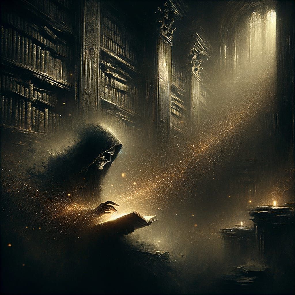 A solitary figure, cloaked in shadows, reads a glowing manuscript within a dilapidated, melancholic beauty ...  by @K J Baker