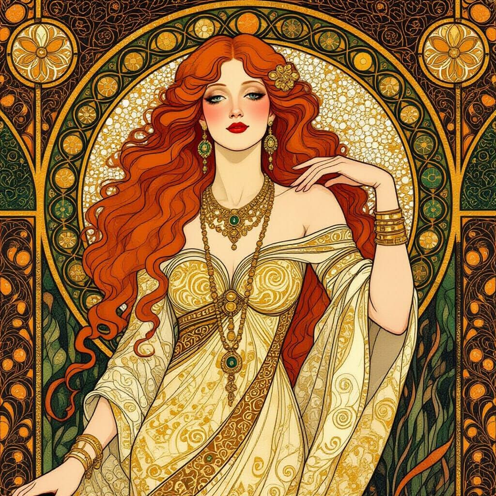 a portrait of a red haired woman in the art nouveau style of gustave klimt