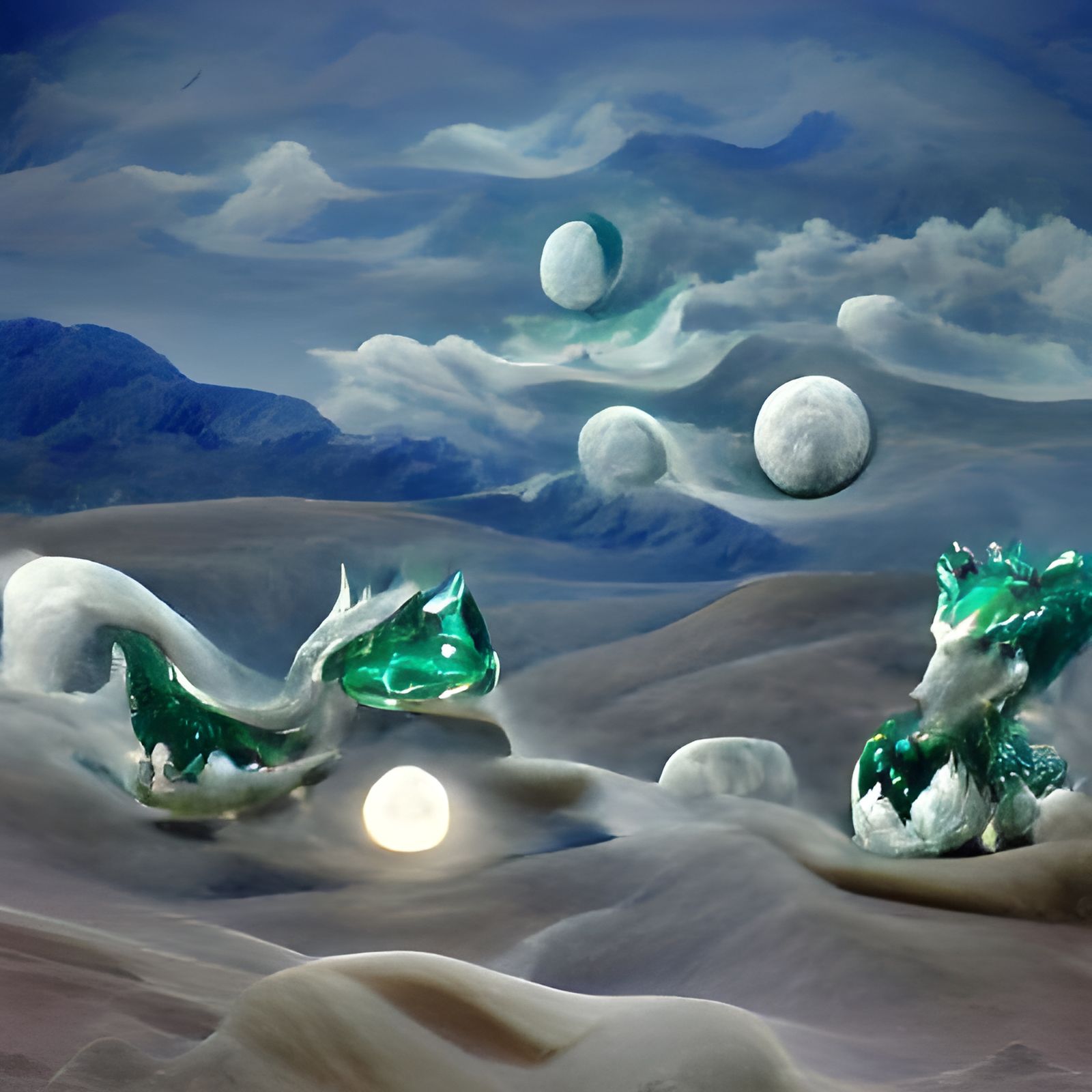 Emerald dragons in a glass landscape