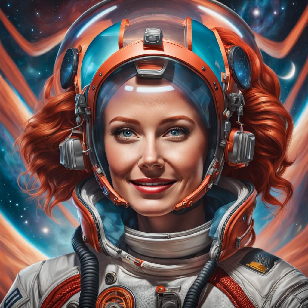 Photorealistic portrait of a beautiful smiling red haired woman wearing ...