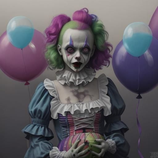 Female Clown lime green blue crazy eyes gothic art horror ballons ...