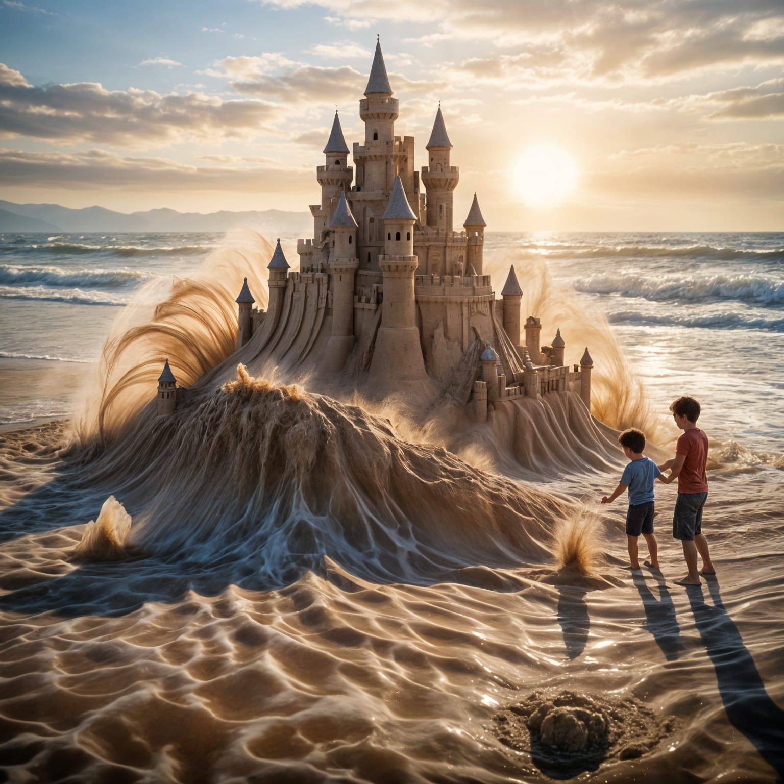 A father and son construct an elaborate sandcastle on the beach during a cool summer evening, complemented ...  by @Junior