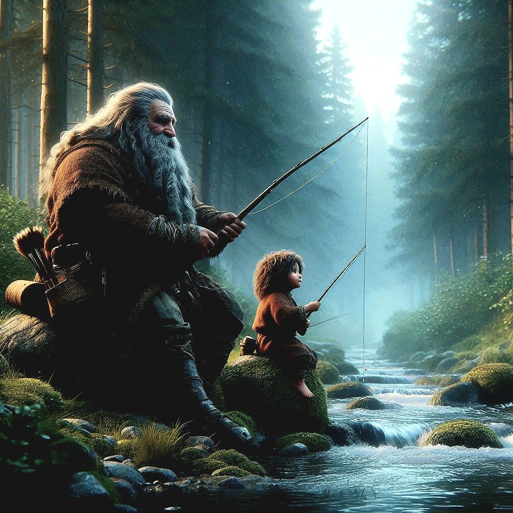 Dwarf dad and son, fishing