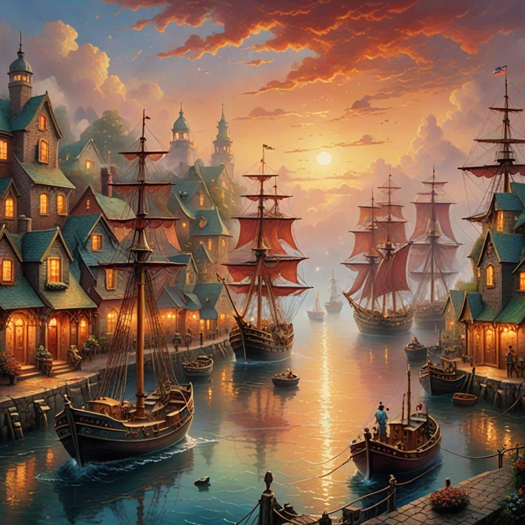 beautiful image of a port with ships and vessels tangled art style in a romantic red sunset setting