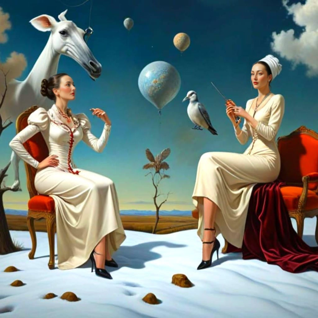 Charming Lady with Fantastic Animals in Surreal Setting