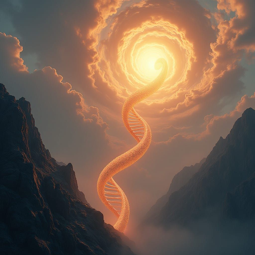 Cinematic image of a giant DNA strand fixed to a grassy plain, as it swirls upward into the billowing clouded sky glowing with the settin...