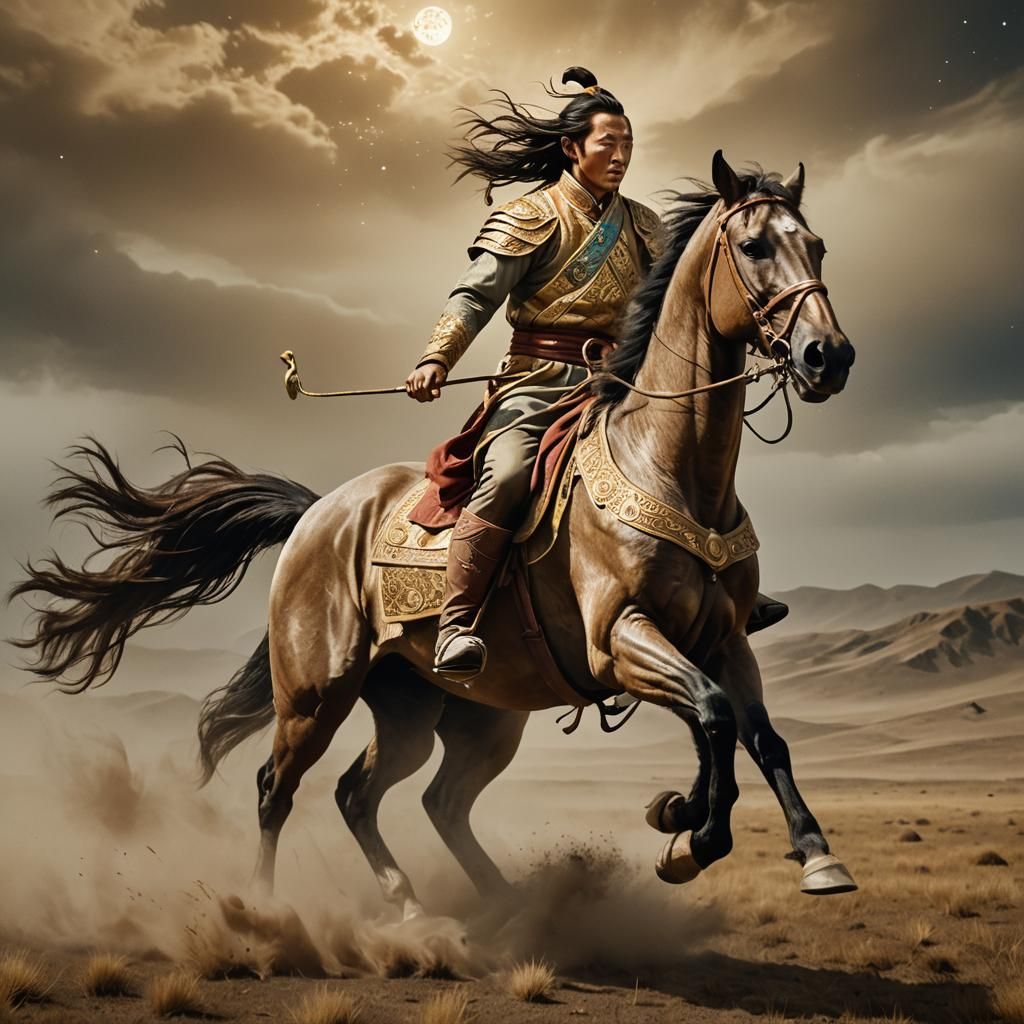 Mongolian Hero on Horseback in Steppe Landscape