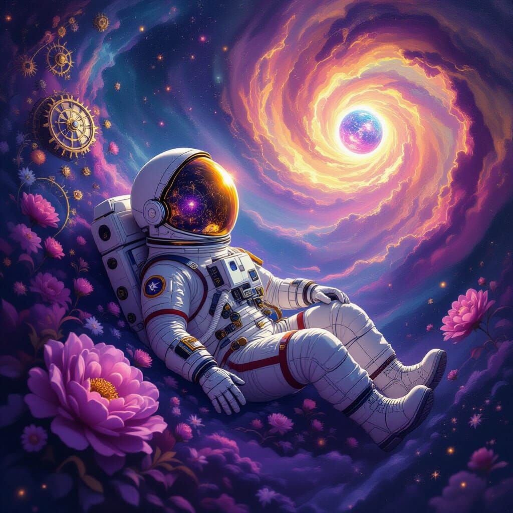 Astronaut in Cosmic Floral Ocean with Clockwork Stars