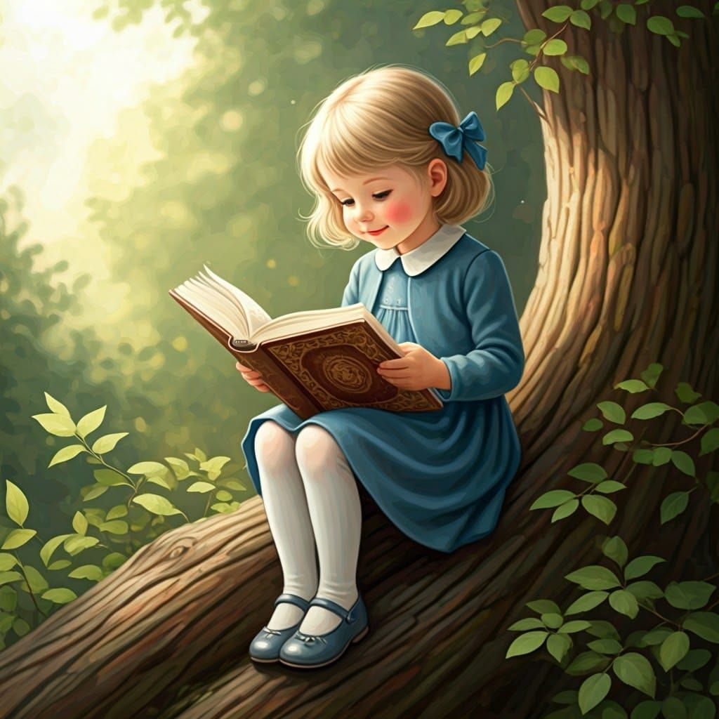 A Young Girl Reads Intently in a Forest Glade