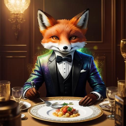 An anthropomorphic fox wearing a tuxedo at a dinner party.