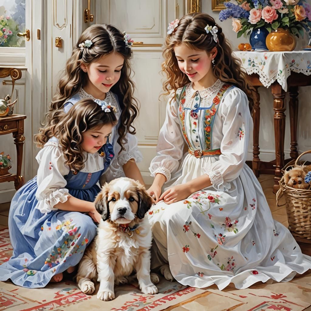 sisters playing with a Newfoundland puppy