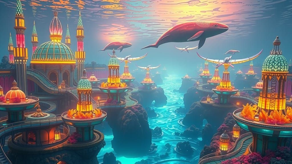 water ripples as the whales swim closer and out of frame. lights sparkle. photorealistic