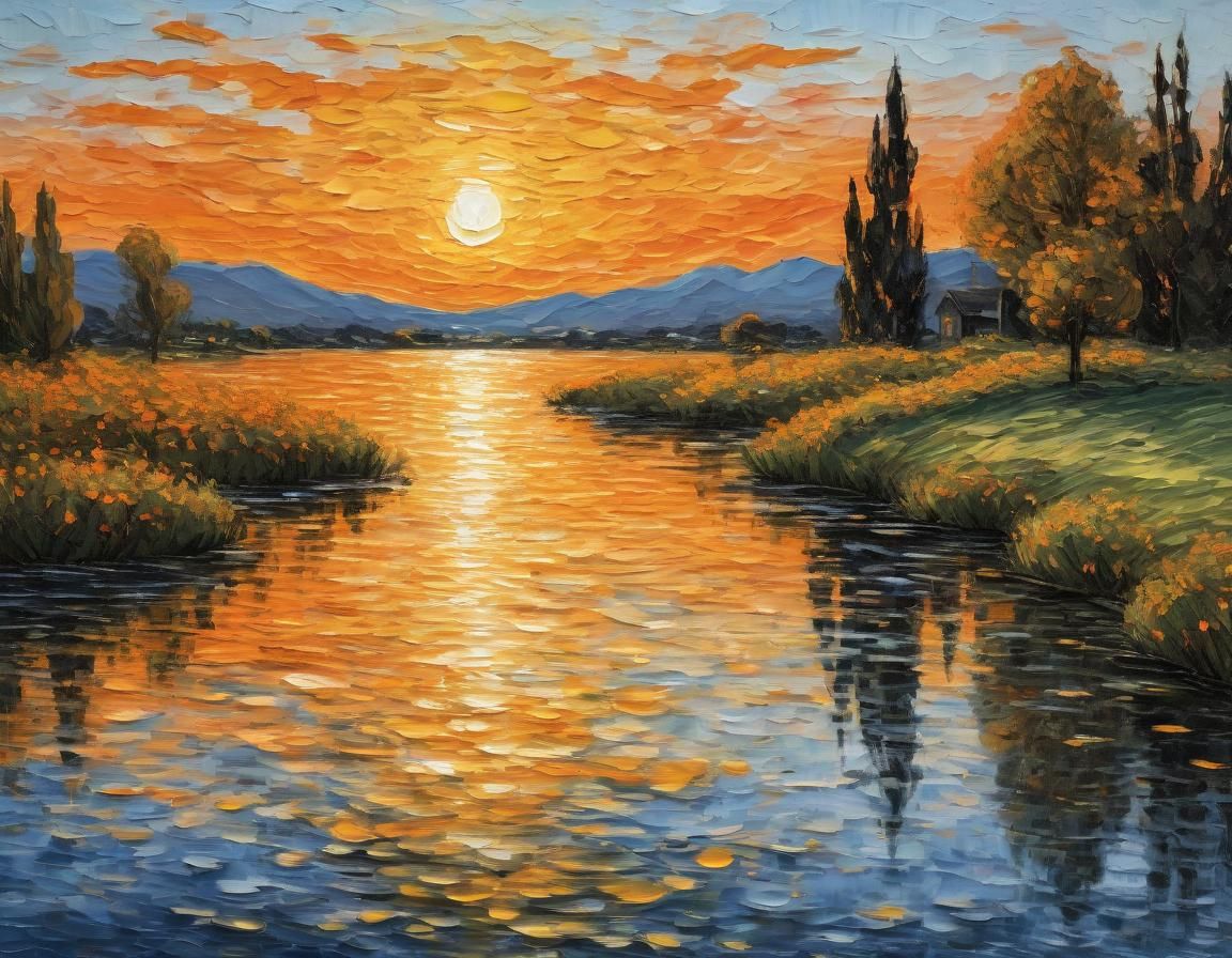 Create a monochromatic orange illustration in impressionism using oil paints, with inspiration from Claude ...  by @Exo1124
