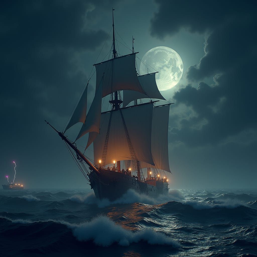 Majestic Ship Navigates Stormy Seas in Dark Fantasy Style