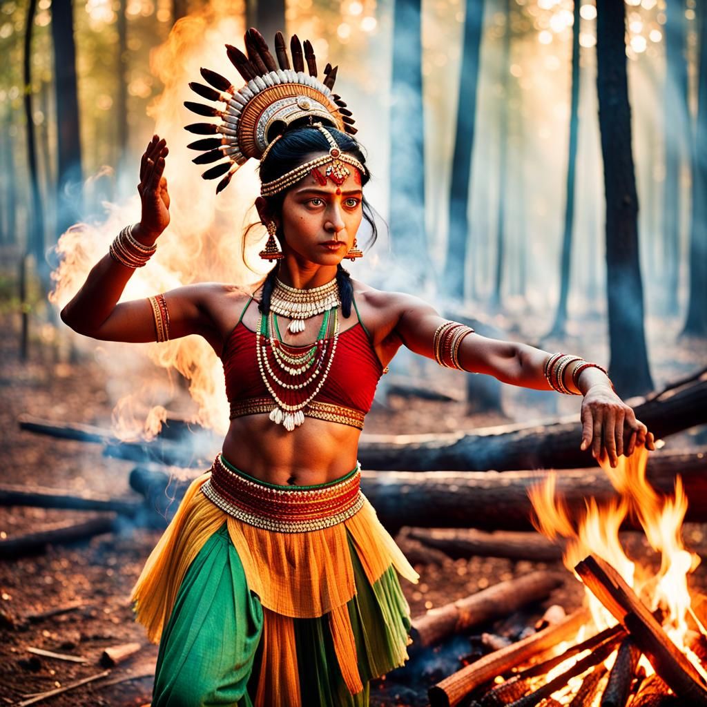 Indian Dancer's Fire Ritual: Dramatic Color Portrait