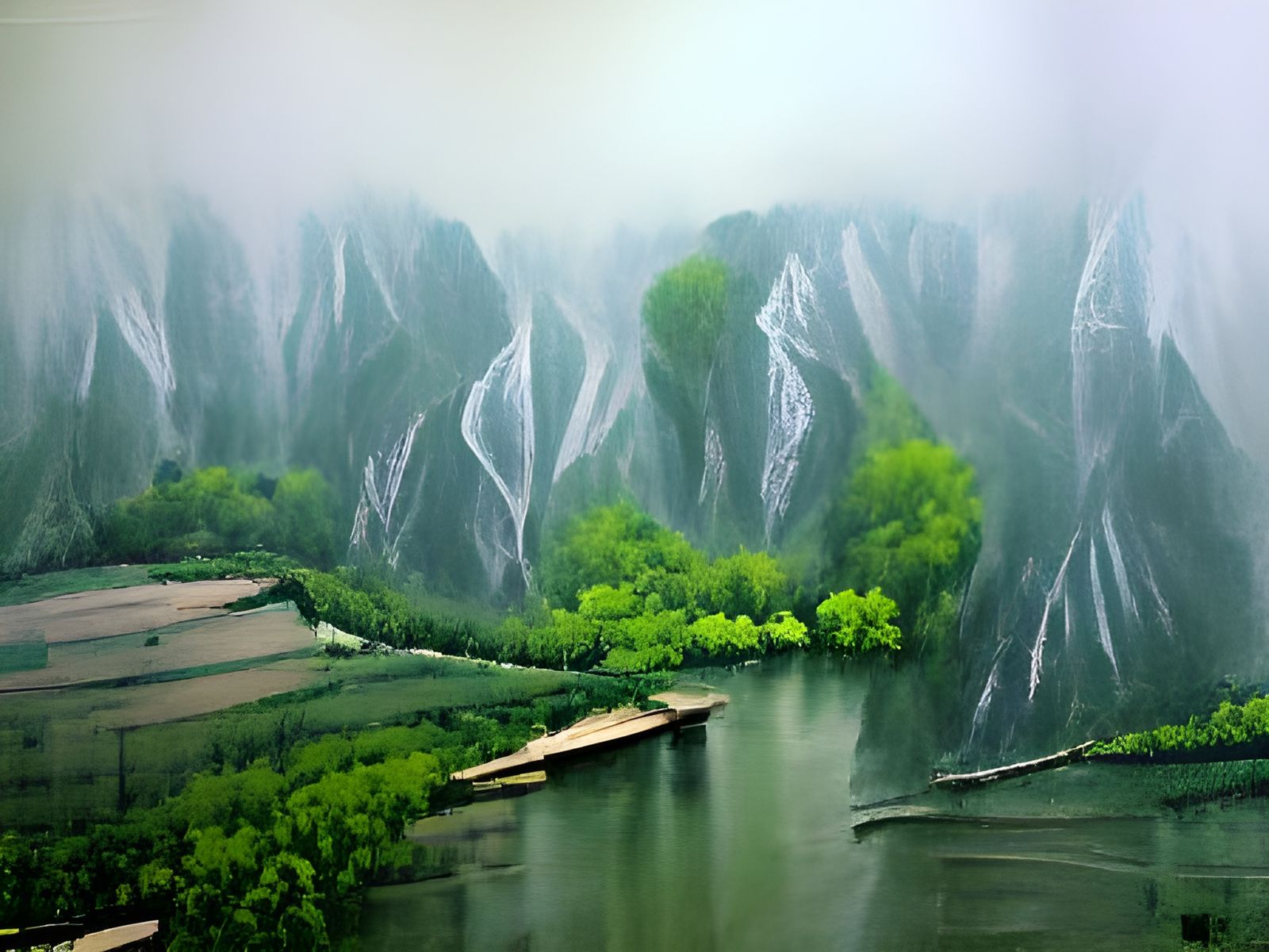 foggy river in rural china