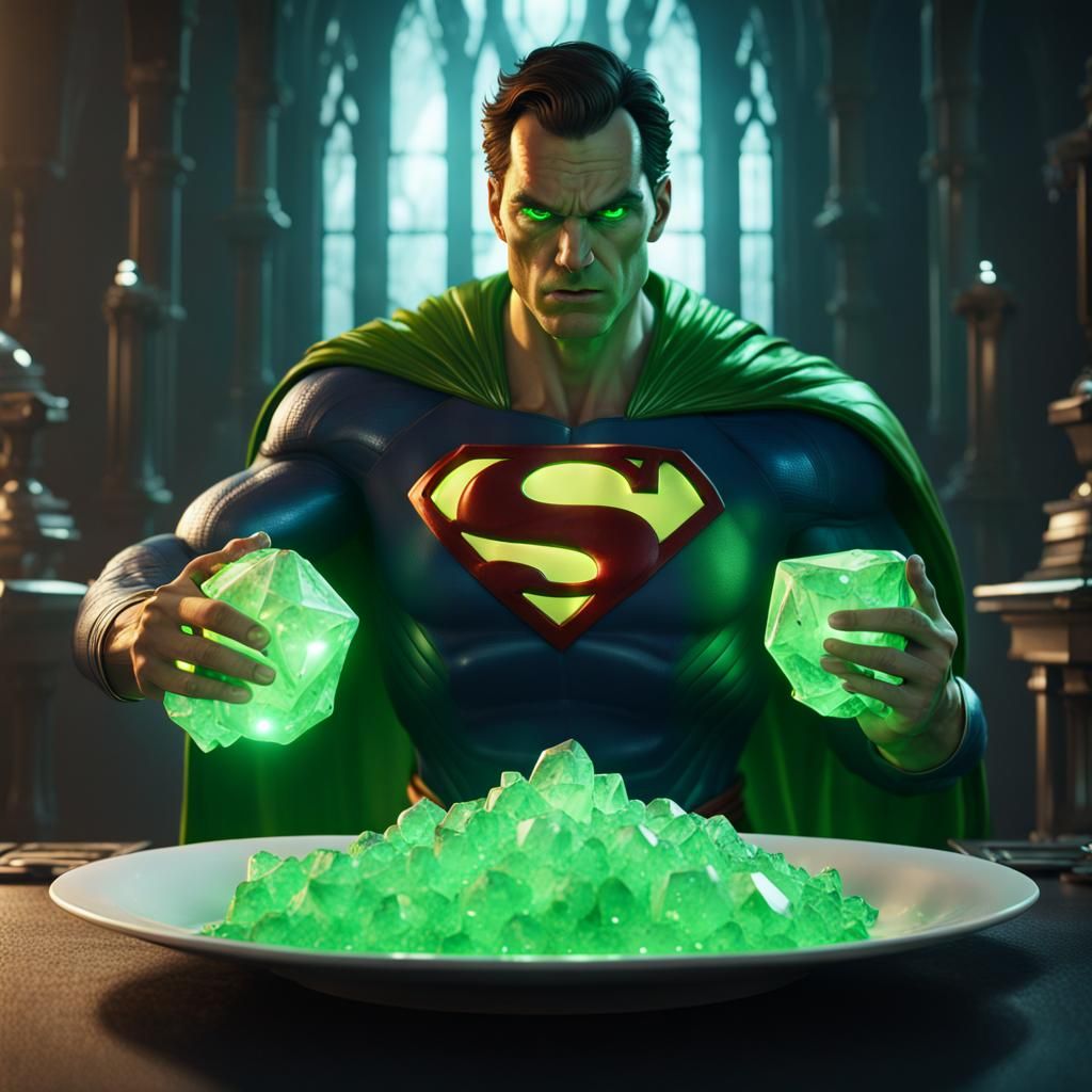 Furious Superman, Eating a bowl of large Glowing green cryst...