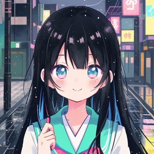 Surreal Anime Girl Smiles Under Vibrant Neon Lights