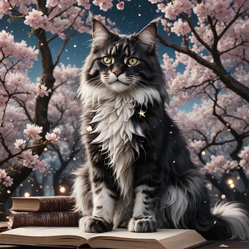 Maine Coon Cat with Books and Cherry Blossoms