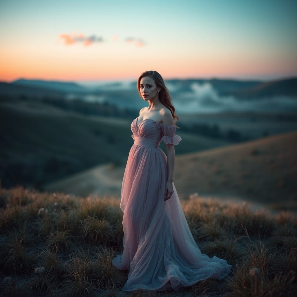 Elegant Woman in Dreamy Landscape with Vibrant Colors