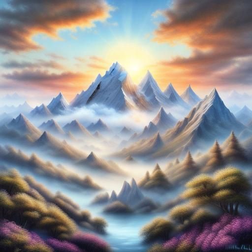 A hyperdetailed mountain <lora:Vibrant Landscapes:1.0> with fluffy clouds in the sky
