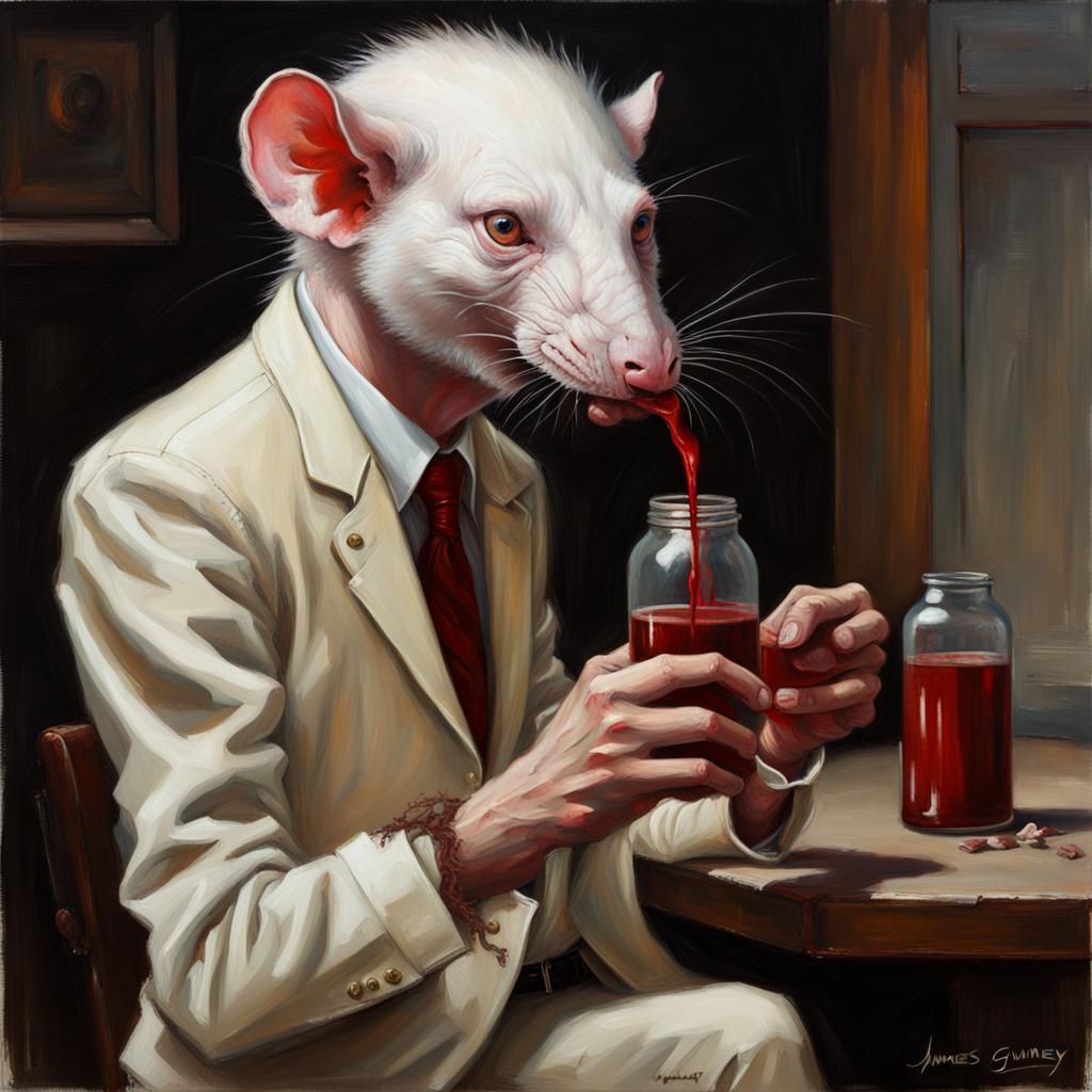 Albino half man half rat drinking blood