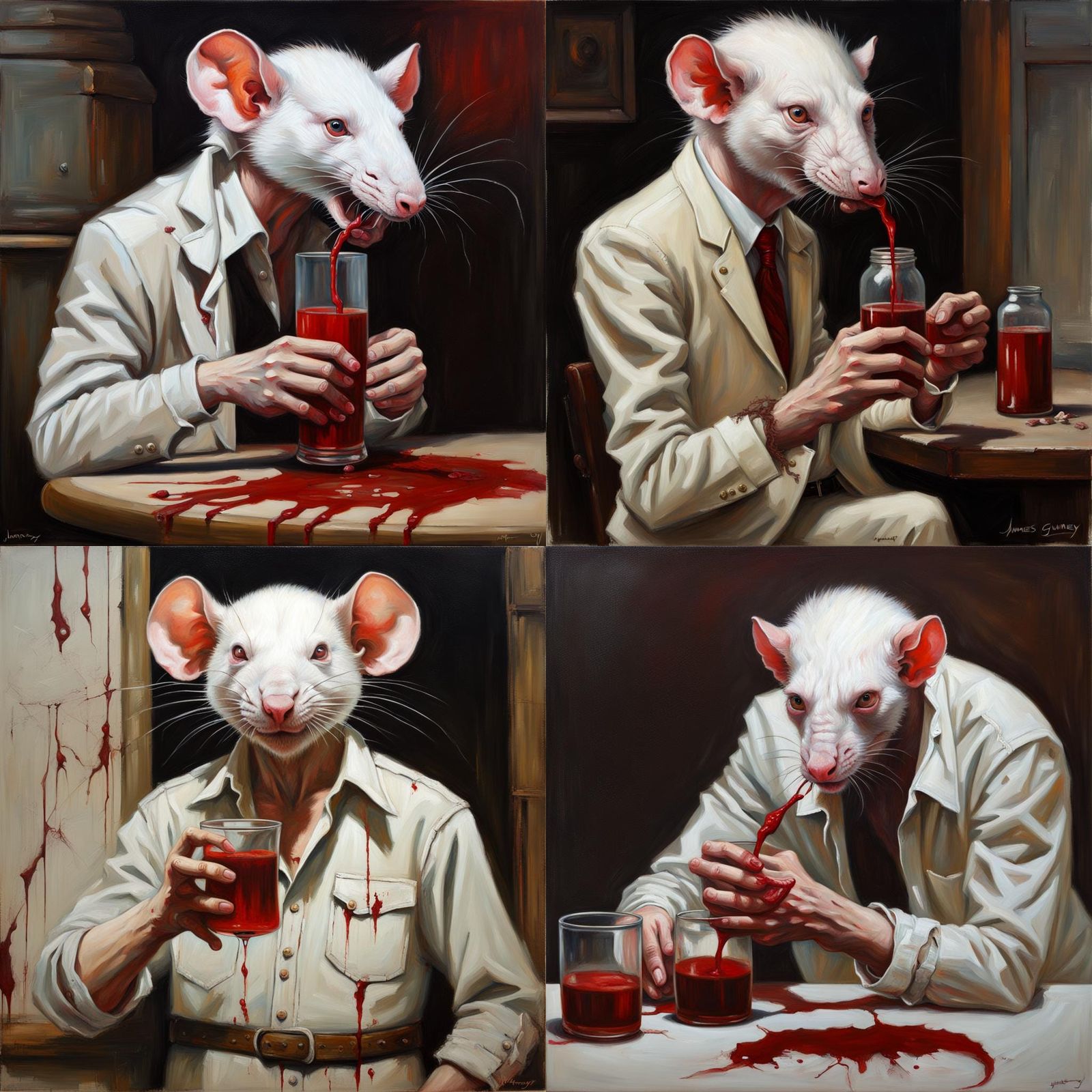 Albino half man half rat drinking blood