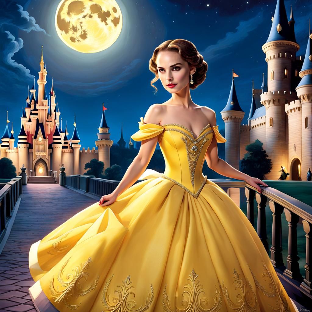 (((natalie portman))), belle, yellow low-cut shoulderless ba...