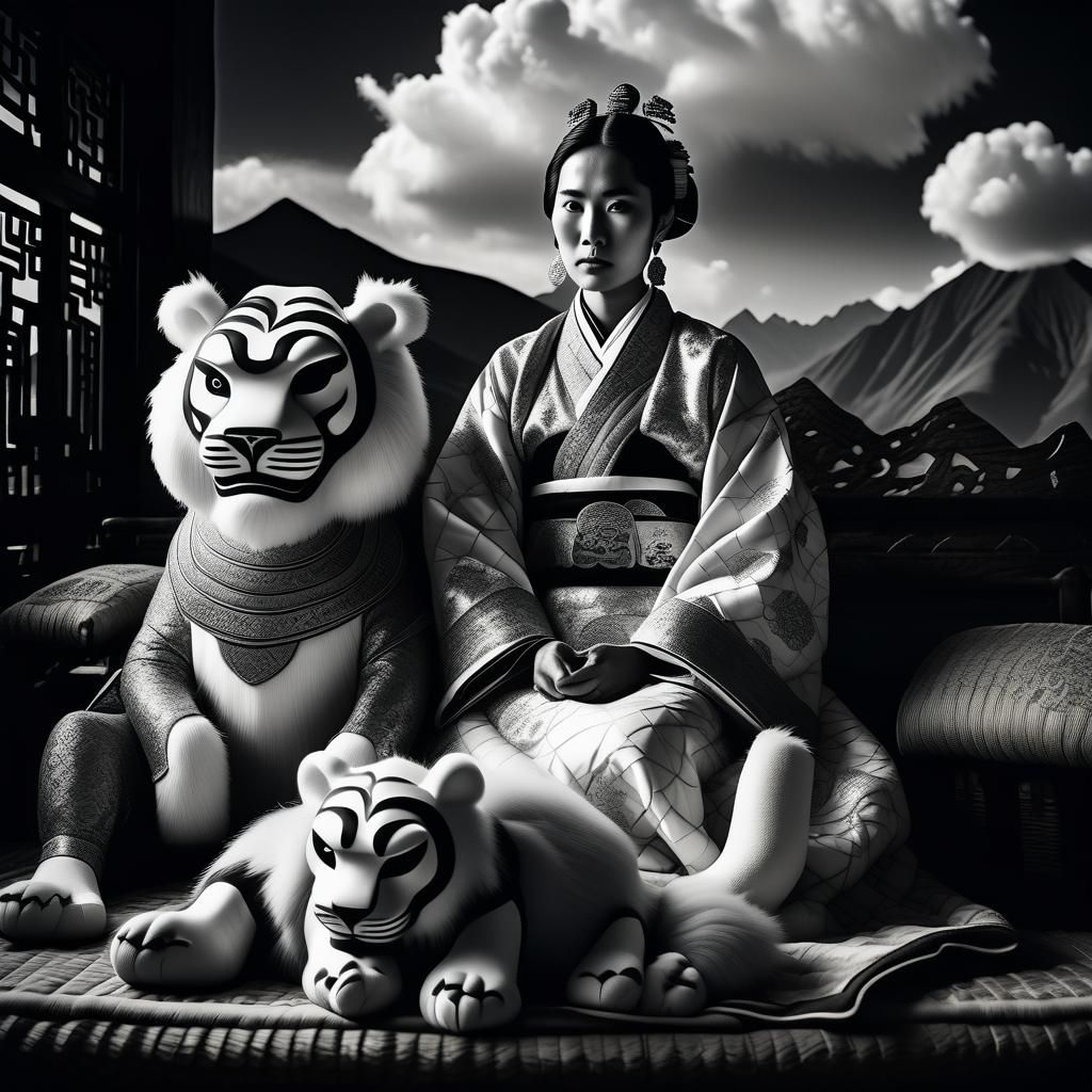 Monochrome Asian Woman Portrait with Monster Cubs