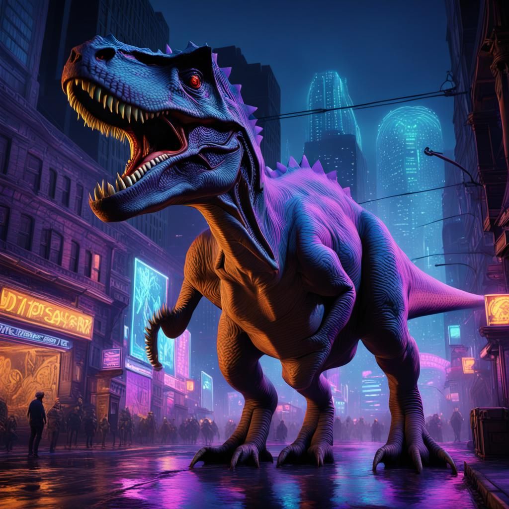 A dinosaur in the city, black-light art  by @Warren Brown