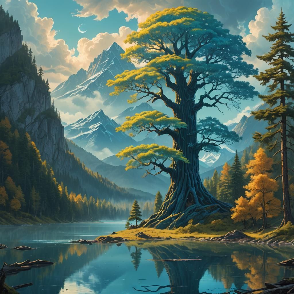Glowing Blue Tree in Vibrant Fantasy Landscape