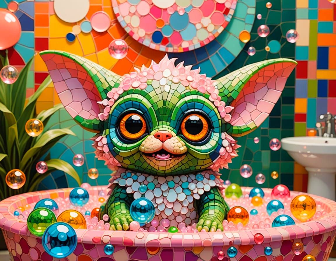 Pastel Bathroom Wonderland with Gizmo in Soap Bubbles