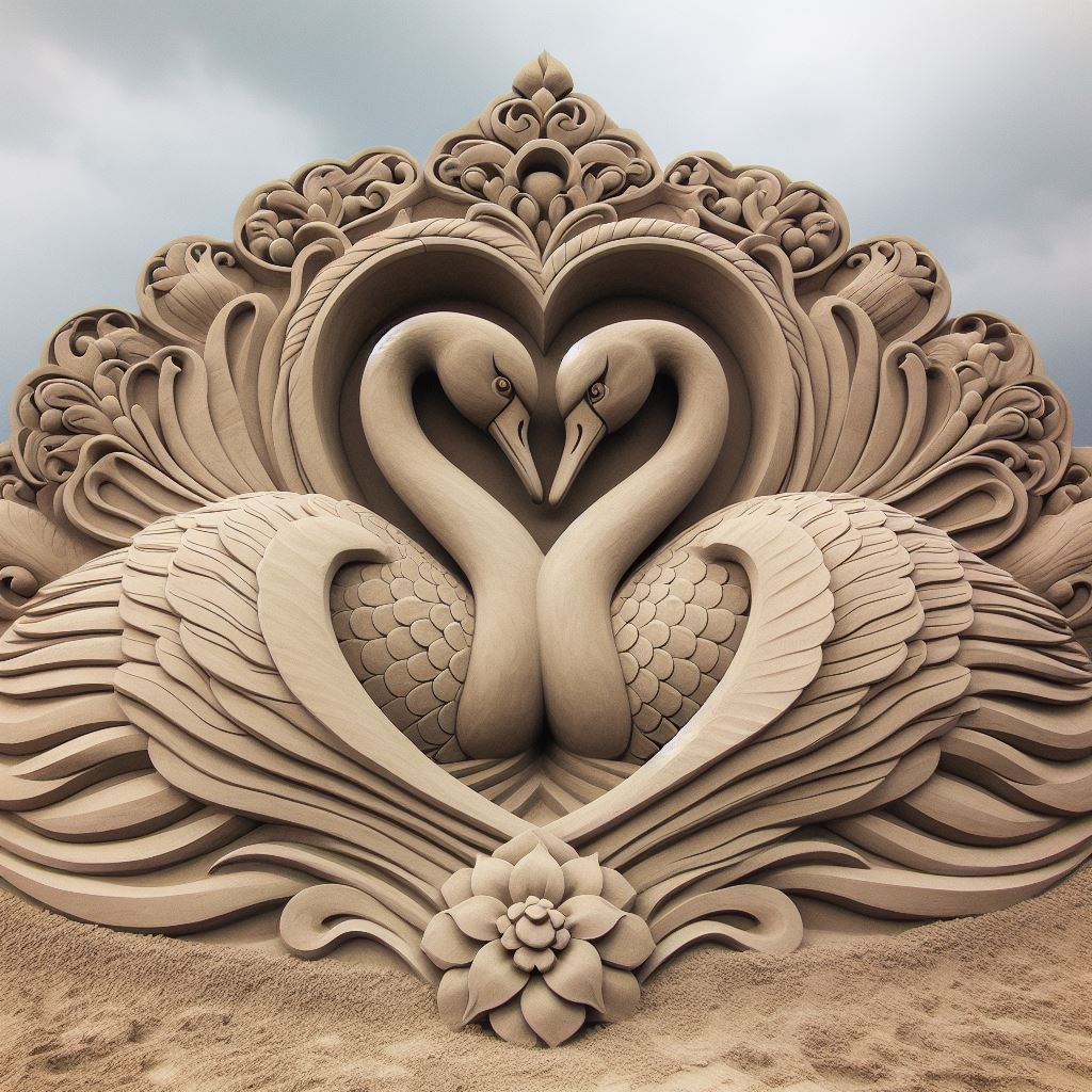Swan couple sand sculpture